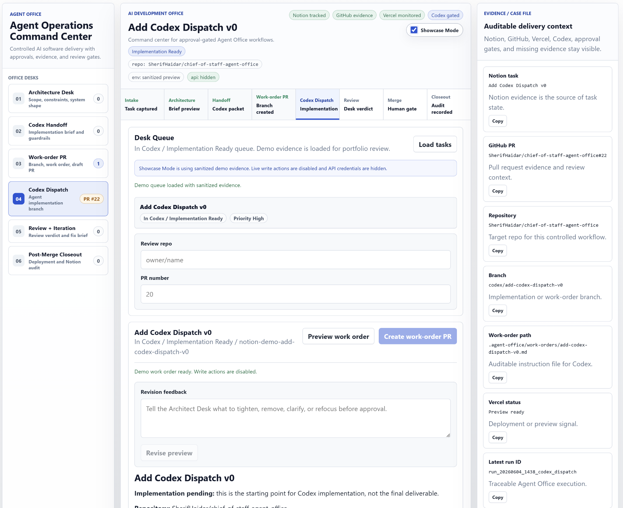 Agent Office showcase mode showing delivery packet evidence, task state, repository context, approval boundary and audit trail.